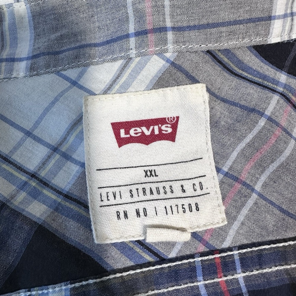 Levi's Plaid Blue Gray White Short Sleeve Button-Up Shirt 2XL Pockets 3LYSW11262 - Picture 3 of 4